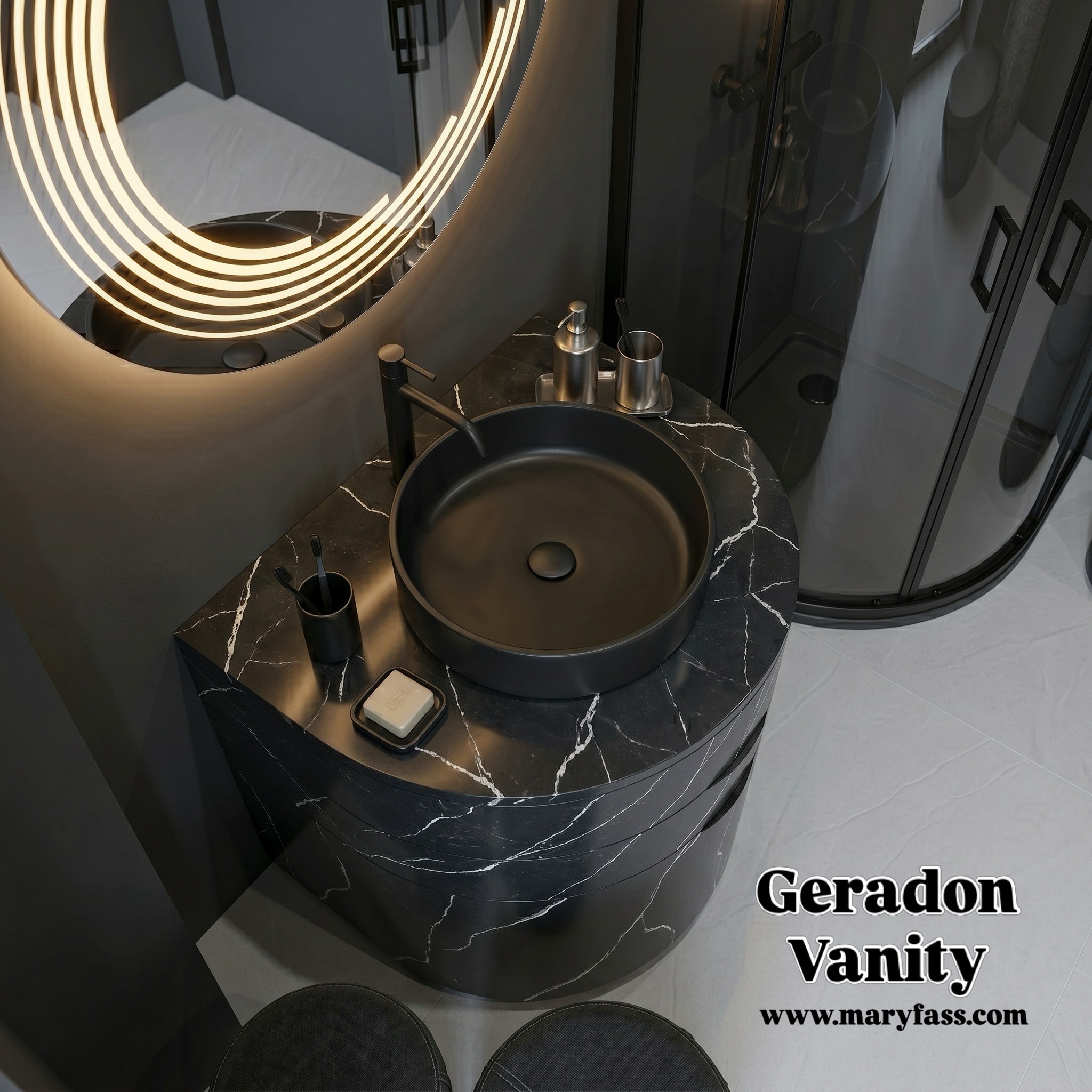 Close up of Geradon black marble patterned solid surface vanity top with matte black vessel sink and modern faucet.